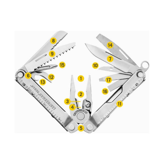 Silver multi-tool opened with pliers, knives, saw, file, screwdrivers, and ruler markings