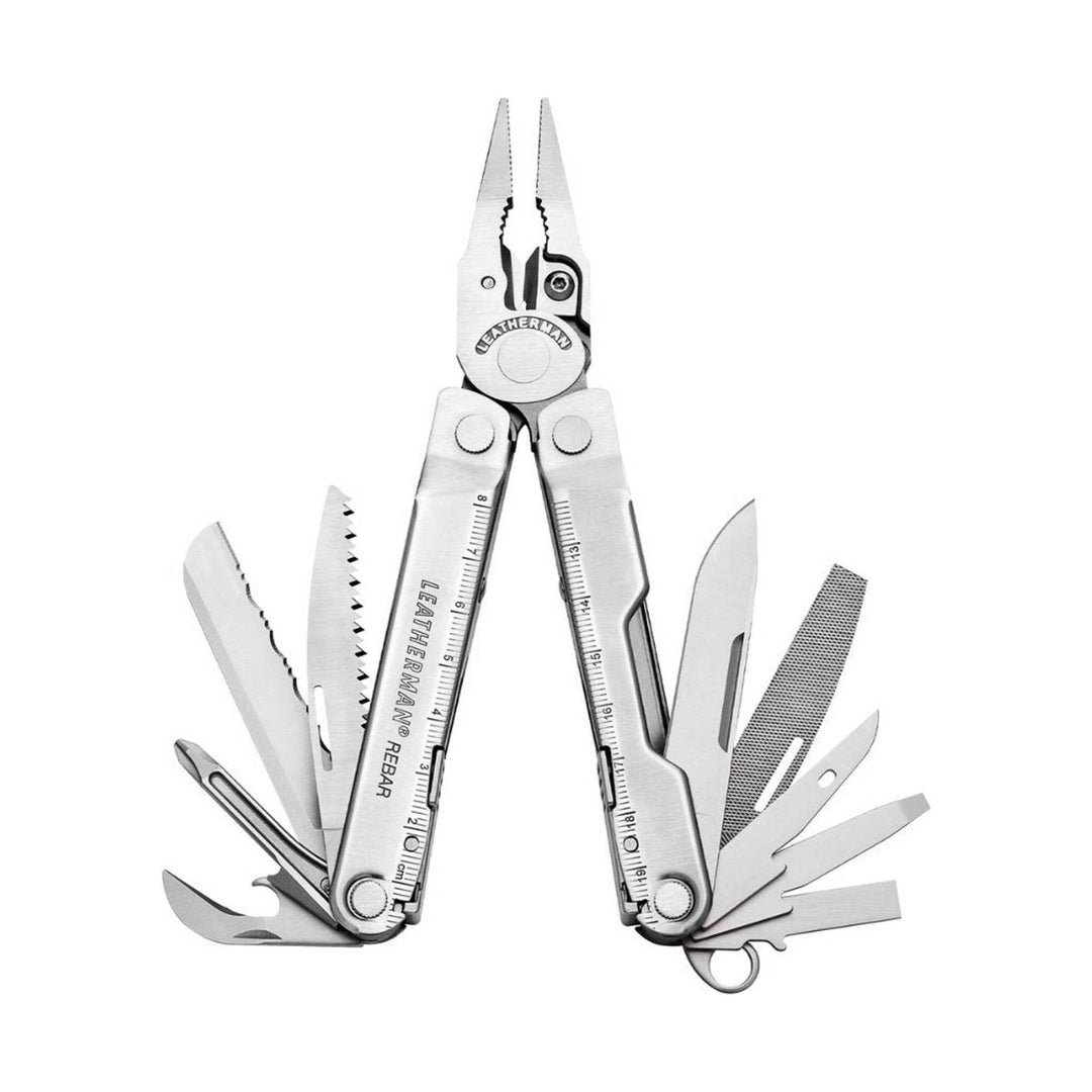 Silver multi-tool pliers open with multiple folded blades and tools extended