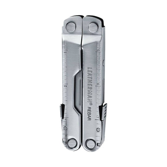 Silver folding multitool with ruler markings and black accents, shown closed