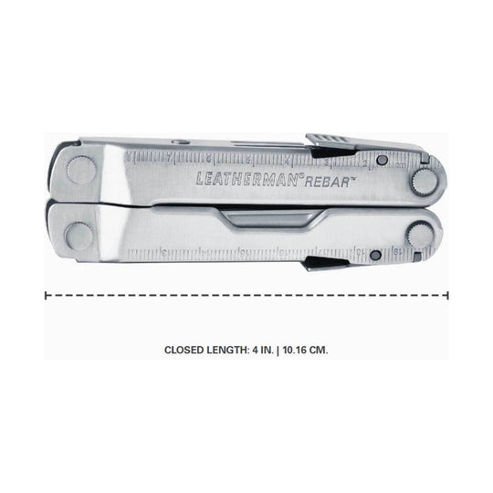 Closed silver multitool with ruler markings and fold-out tools, shown with closed length measurements
