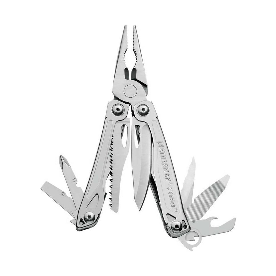 Silver folding multitool with pliers, knife blades, file, and screwdriver bits