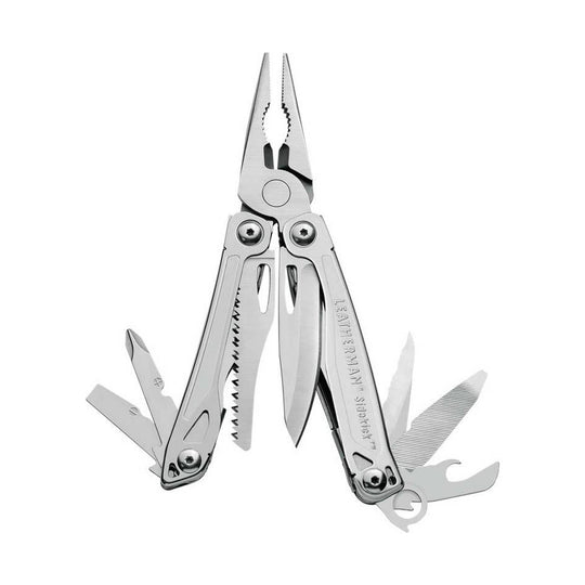 Silver folding multitool with pliers, knife blades, file, and screwdriver bits