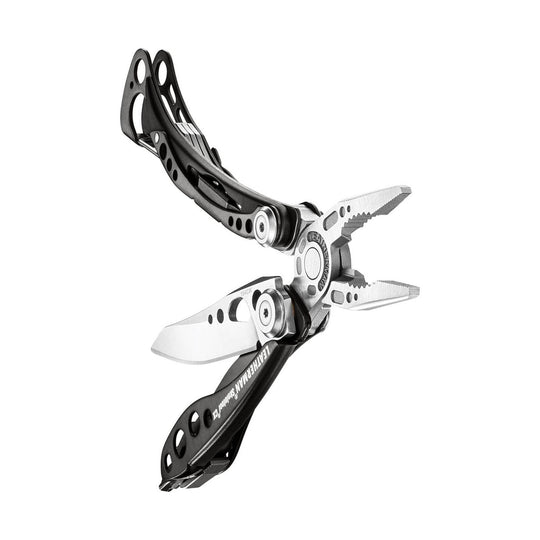 Black-and-silver folding multitool with pliers, knife blade, and carabiner-style handle cutouts