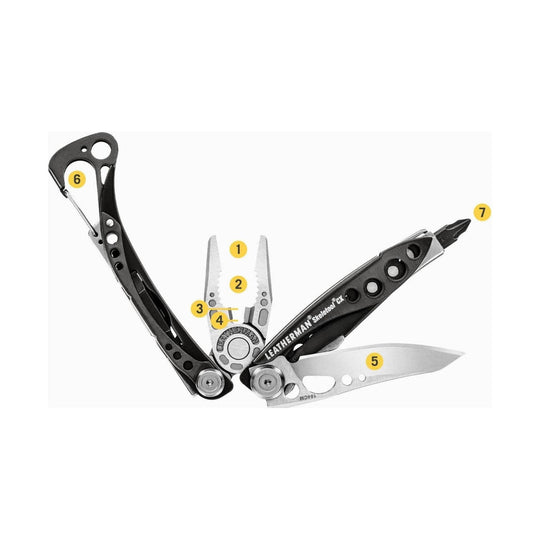 Folded black multitool with pliers, knife blade, and carabiner clip
