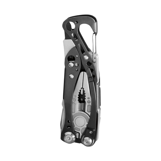 Black and silver folding multi-tool with carabiner clip