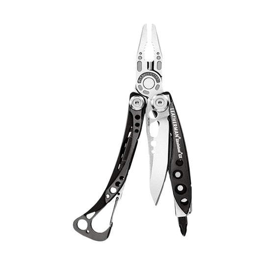 Folding multitool with pliers, knife blade, and carabiner clip in black and silver
