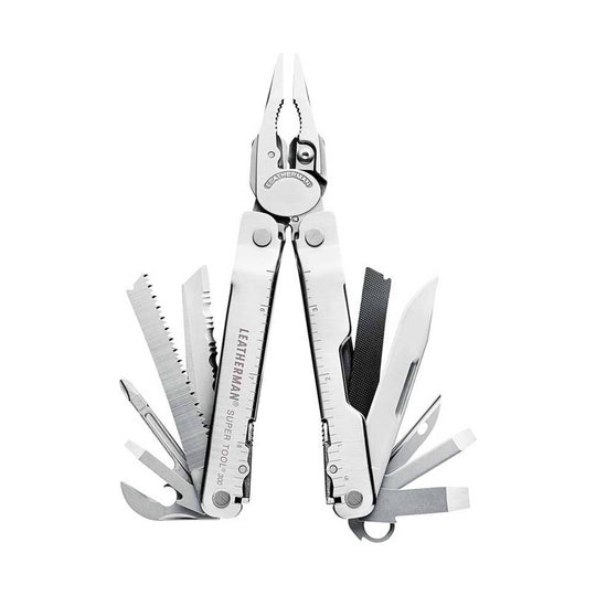 Stainless steel multi-tool with pliers open and several fold-out tools extended