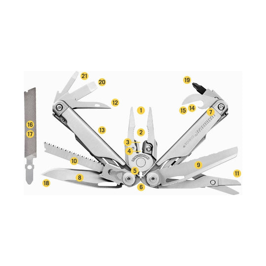 Silver folding multi-tool open with numbered parts and visible Leatherman branding