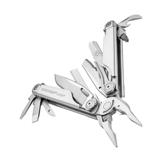 Silver folding multi-tool opened with pliers, knife blades, and saw blades visible
