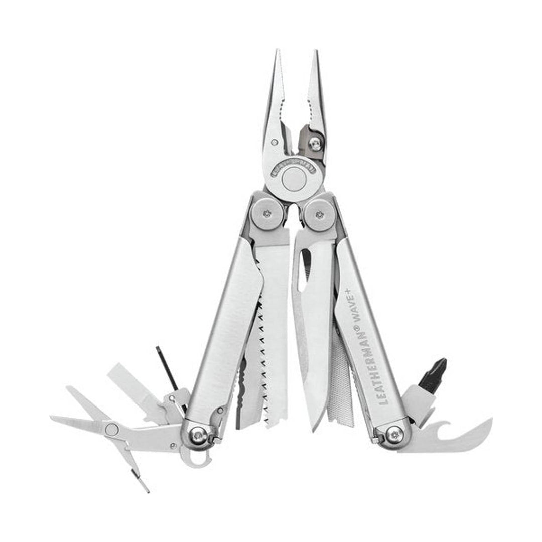 Silver multitool pliers with visible knife, file, and screwdriver attachments