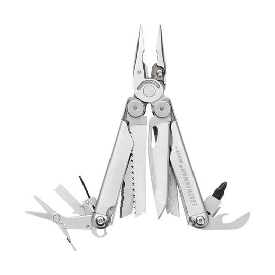 Silver multitool pliers with visible knife, file, and screwdriver attachments