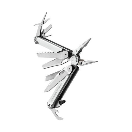 Stainless steel multi-tool with several tools unfolded