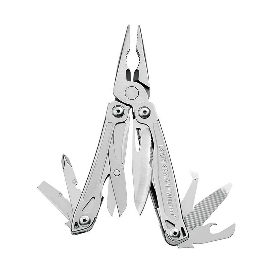 Silver multi-tool pliers with folded-out knife, file, and other tools