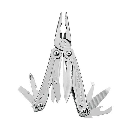 Silver multi-tool pliers with folded-out knife, file, and other tools