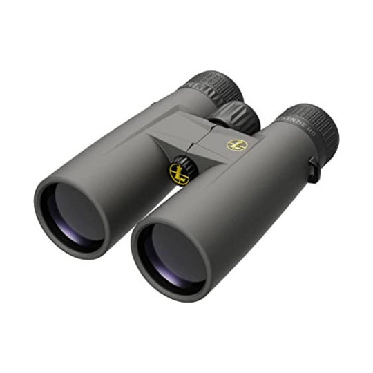 Gray binoculars with black eyecups and lens caps, shown at an angle on a white background