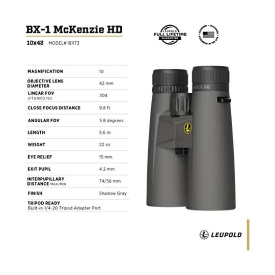 Gray binoculars shown beside a specs panel with 10x42 and 42 mm text