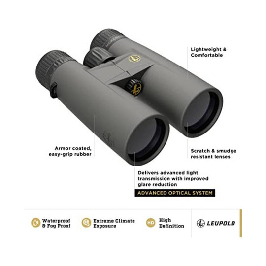 Gray binoculars with central focus wheel and visible text labels for lightweight comfort and advanced optical system