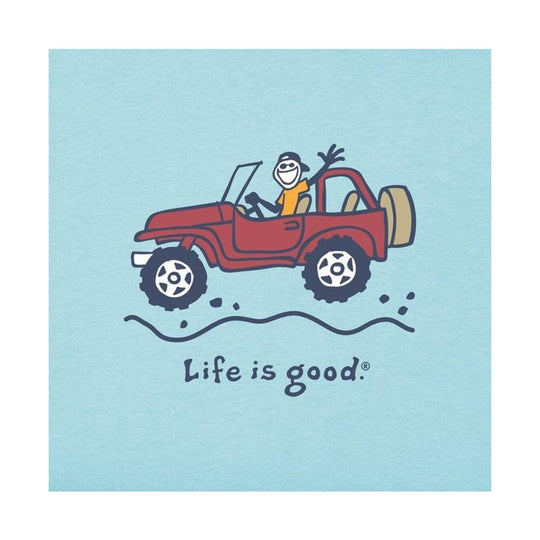 Red off-road Jeep graphic with a waving driver and the text “Life is good.”