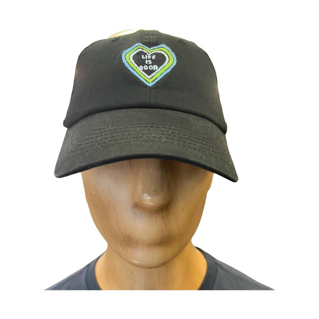 Black baseball cap with a multicolor heart patch and a curved brim