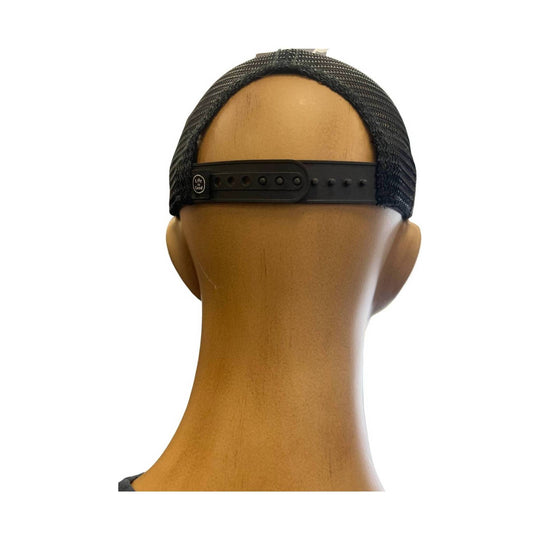 Black mesh-back snapback cap shown from the back on a mannequin head