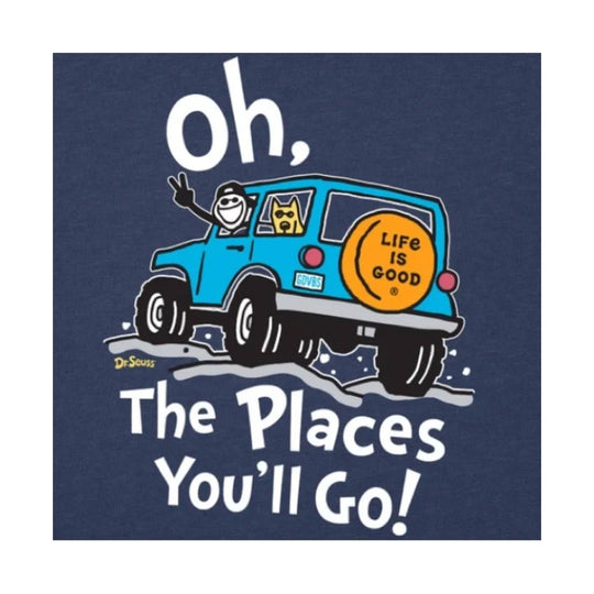 Navy graphic tee with a blue Jeep and "Oh, The Places You'll Go!" text