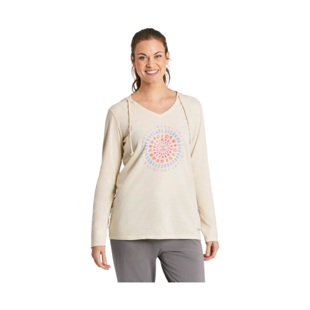 Life Is Good Women's Joy Explosion Vibes Sleeve Crusher-LITE Hooded Tee - Putty White - Lenny's Shoe & Apparel