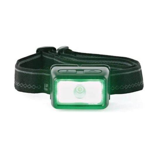 Black headlamp with a green-lit rectangular front lens and adjustable elastic strap