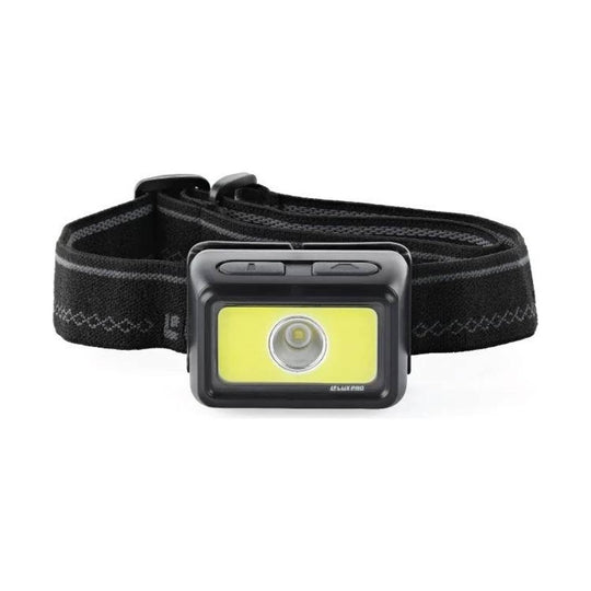 Black headlamp with yellow front light panel and adjustable elastic strap