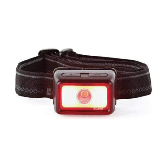 Black headlamp with a red-lit front lens and adjustable strap