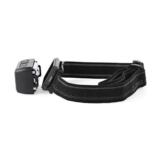 Black headlamp with an adjustable woven strap and side-mounted rectangular light housing