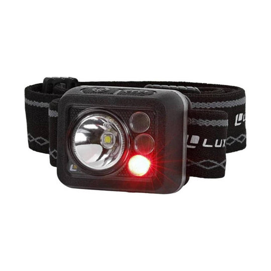 Black headlamp with a large round LED lens and red side light on an elastic strap