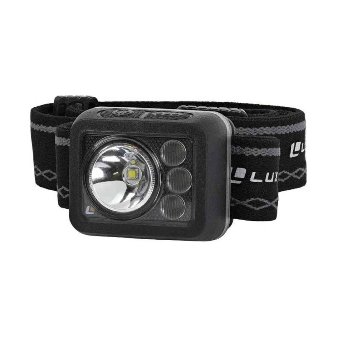 Black headlamp with a rectangular front light and elastic strap