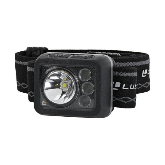 Black headlamp with a rectangular front light and elastic strap