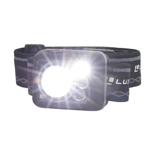 Black headlamp with a rectangular front light and elastic strap