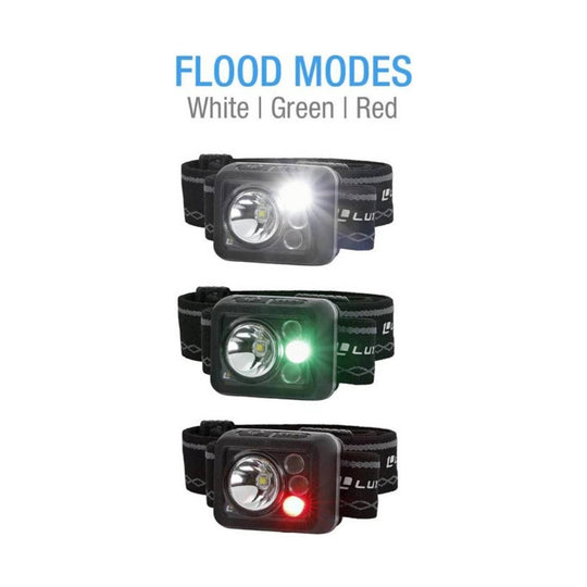 Black headlamp with three light modes and a wide elastic strap
