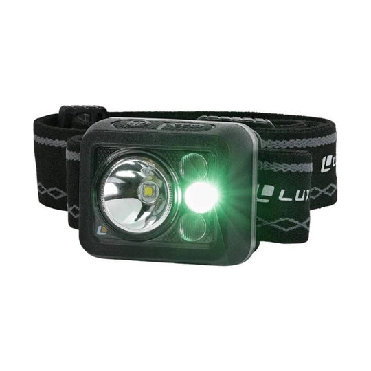 Black headlamp with elastic head strap and a bright green light