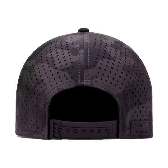 Black camo perforated mesh snapback cap shown from the back