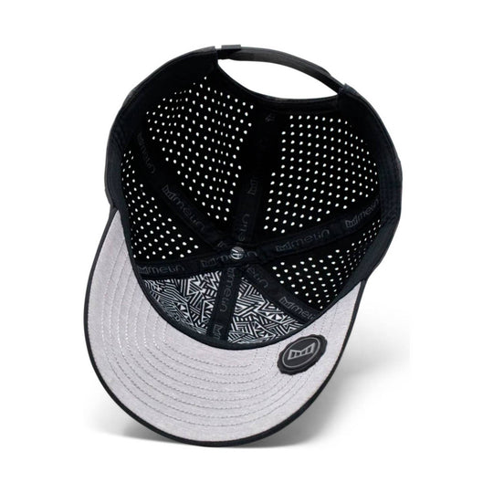 Black and light gray baseball cap with perforated crown, geometric underbrim pattern, and front logo patch