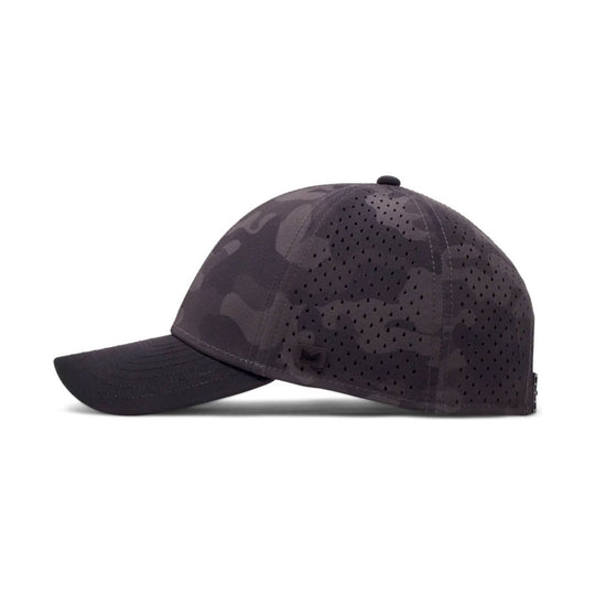 Black camo perforated baseball cap with a curved brim and adjustable back