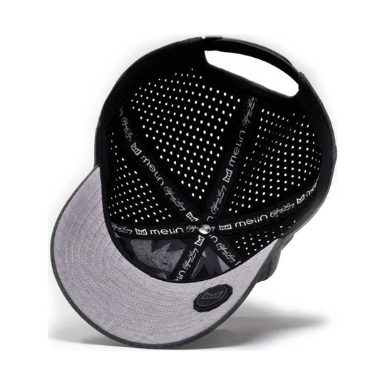 Black mesh baseball cap with a light gray brim, perforated crown, and visible melin branding