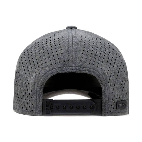 Gray perforated mesh baseball cap shown from the back with a black adjustable snapback strap and small melin logo tag.