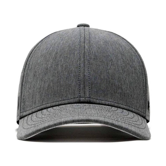 Dark gray baseball cap with a curved brim and stitched crown seams