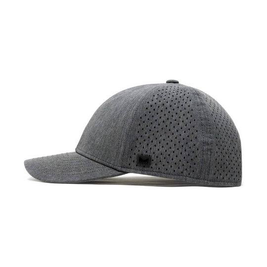 Gray perforated baseball cap with curved brim, side logo tag, and top button