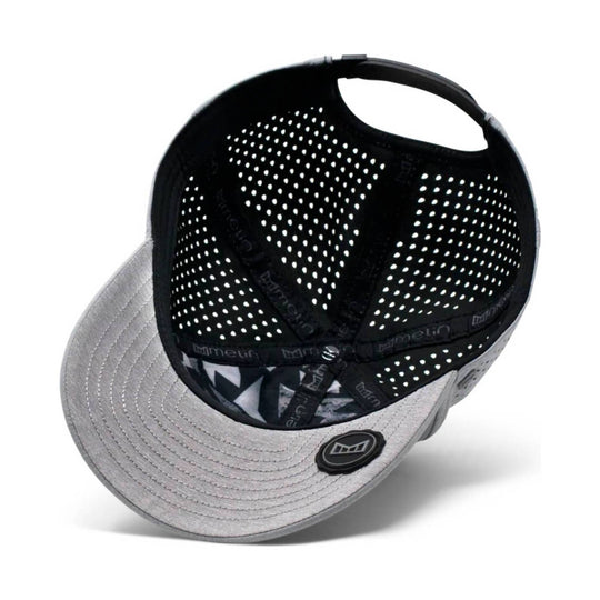 Heather gray mesh-back baseball cap shown from underneath, with black interior and curved brim