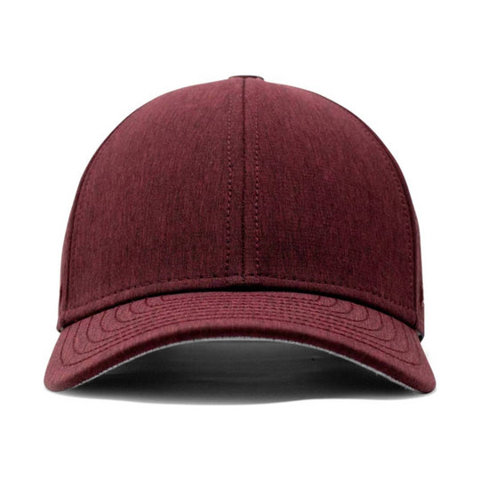 Maroon baseball cap shown from the front with a curved brim and stitched center seam