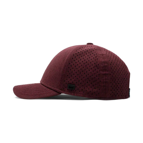 Maroon perforated baseball cap with a curved brim and black side logo tag