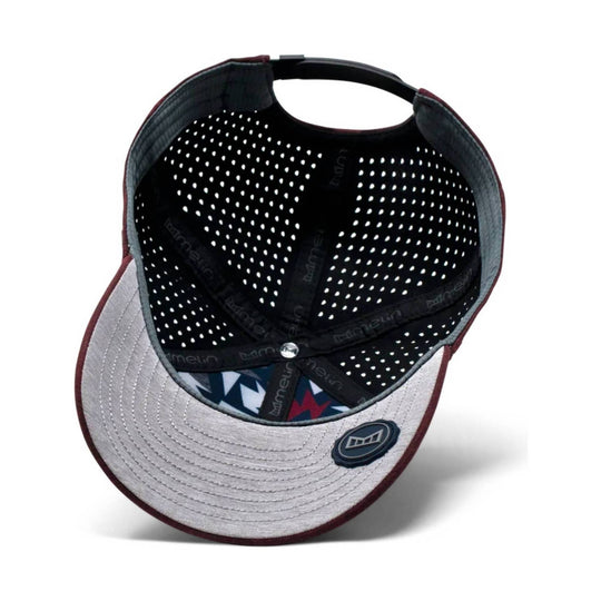Maroon and gray baseball cap with a black perforated interior, patterned underbrim, and front logo patch