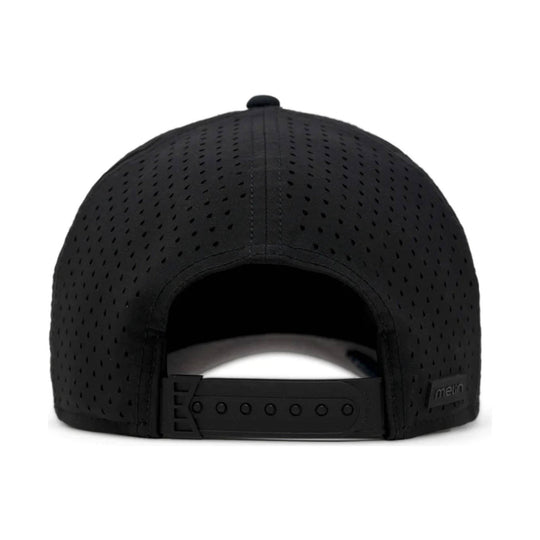 Black perforated snapback cap shown from the back with an adjustable plastic strap