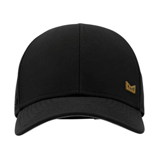 Black structured baseball cap with a curved brim and small gold logo on the front