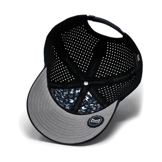 Black and gray mesh baseball cap with perforated panels, patterned underbrim, and circular front logo patch